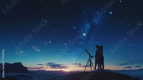 A parent and child stargazing through a telescope on a clear night, with constellations visible in the sky, with copy space, dynamic and dramatic composition, with copy space