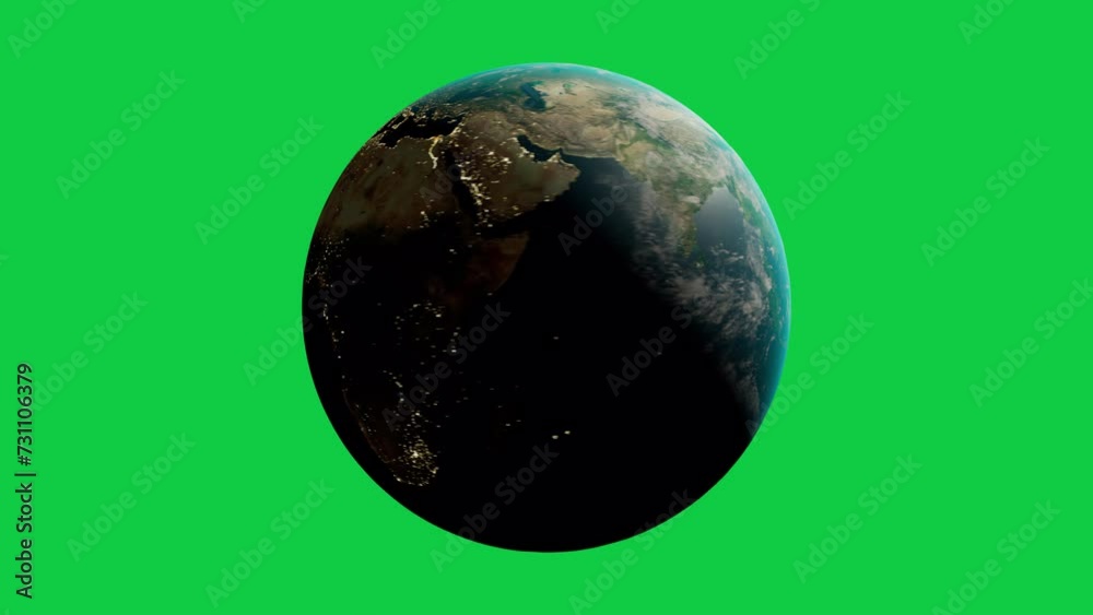 Partially lit planet Earth rotating 360 degrees with night lights from continents in dark area. Green screen chroma key background for keying. Seamless loop. Apple ProRes. 3d illustration.