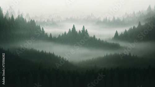 Mystical gloomy coniferos forest in the fog photo