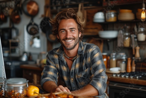A contented man in casual attire stands against a kitchen wall, his warm smile reflecting his satisfaction with the delicious food he's about to enjoy