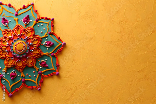 Rangoli alpana made on the orange background. Festive Gudi Padwa background. Top view. Ugadi festival in India. Marathi new year concept. photo