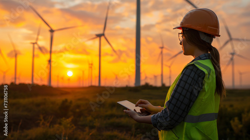  Engineer holding tablet for inspection with wind turbines in the background during sunset.