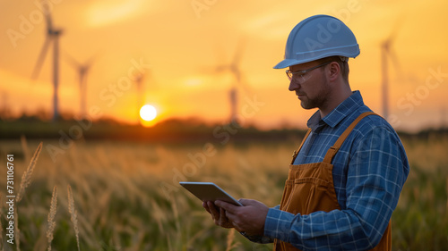 
Engineer holding tablet for inspection with wind turbines in the background during sunset.