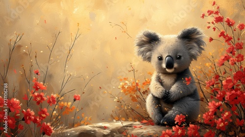 a painting of a koala bear sitting on a rock in a field of red flowers with a yellow background. photo