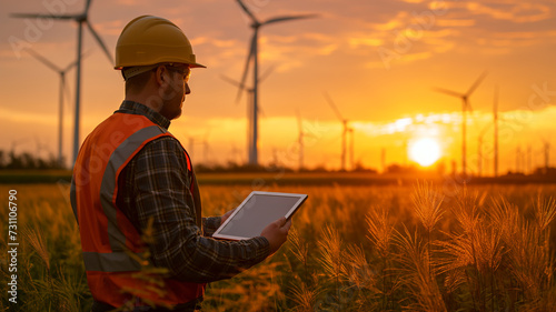 
Engineer holding tablet for inspection with wind turbines in the background during sunset.
