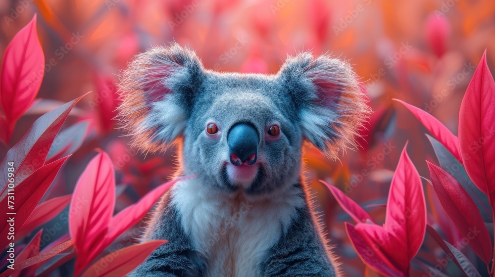 a close up of a koala on a tree with red leaves in the foreground and a blurry background.
