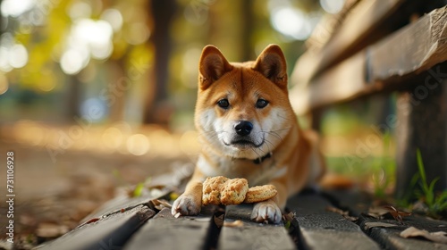 Shiba Inu enjoying a biscuit, showcasing the compact size and spirited personality, arranged on a park-inspired scene