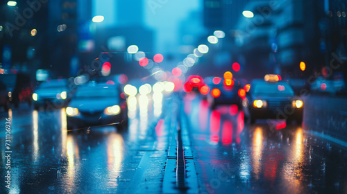 Traffic on city streets at dusk in the rain, blurr.