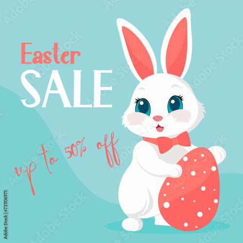 Vector flat illustration of a cheerful cartoon Easter bunny with a big egg. Easter sale banner design, up to 50% off. photo