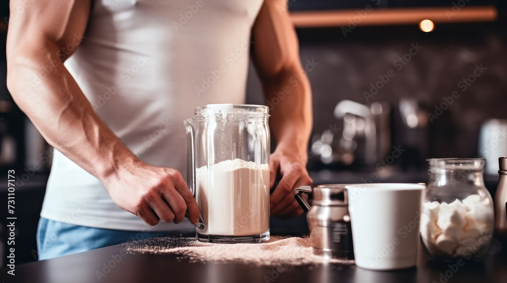 Fit male athlete preparing a protein shake drink in the kitchen after workout. Food supplements for bodybuilding in the gym.