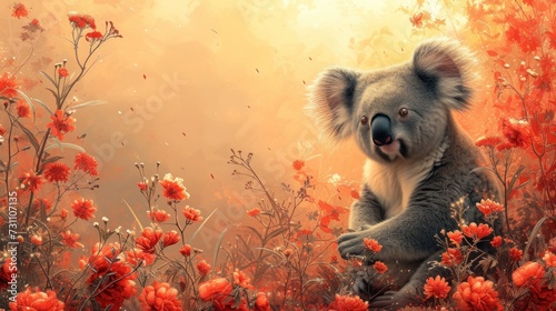 a painting of a koala bear sitting in a field of red flowers with a yellow sky in the background. photo