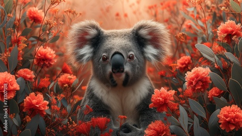 a close up of a koala in a field of flowers with a background of red flowers and green leaves. photo