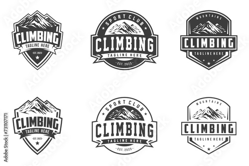 climbing logo vector and emblems set, Adventures and mountain climbing. Illustrations for labels or logo designs © jundio studio