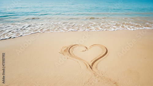 A heart on the sand on the coast of a warm ocean