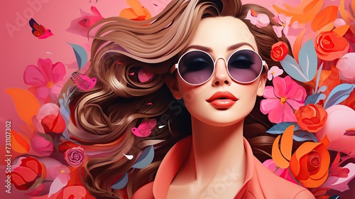 Female illustration portrait with flowers. Creative background with stylish woman. Summer style.