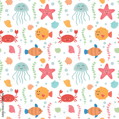 Seamless pattern with cute sea animals. Vector baby colorful background with ocean underwater characters.