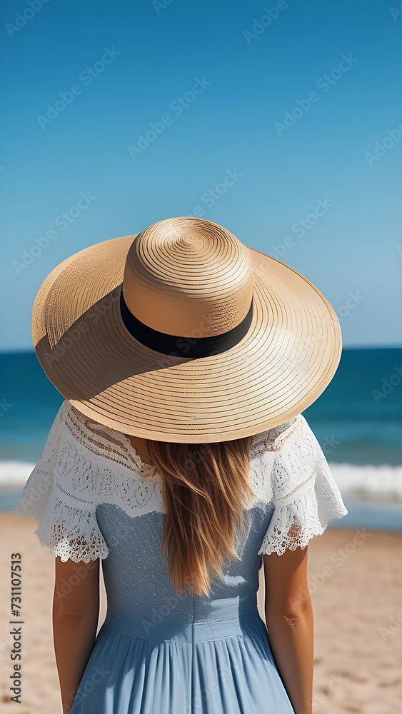 A girl in a summer dress and a straw hat on her head on the beach by the sea. Back view.