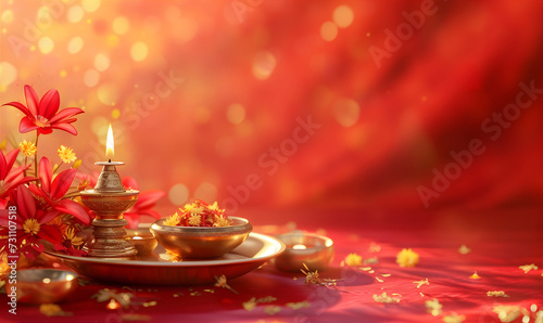 Greeting background with diya  oil lamp  and flowers on the red -orange background with copy space. Gudi Padwa. Ugadi festival in India. Marathi new year concept.