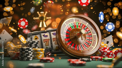 casino, gamble, poker, money, luck, chance, Podium with smartphone, casino slot machine, Casino Roulette , cards and poker chips in dark gold scene