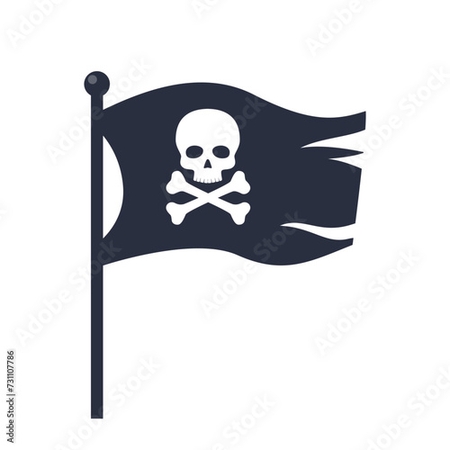 Torn pirate flag with white skull icon. Waving black flag with crossbones emblem. Vector illustration.