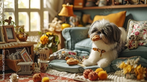 Shih Tzu relishing a biscuit, capturing the cuteness and playful demeanor, arranged on a dollhouse-inspired pet-friendly living room setting © Tina