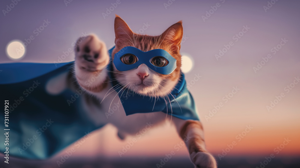 Feline Superhero, Cute Kitty with a Blue Cape and Mask Costume Flying, Generative AI