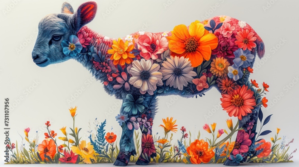 a painting of a sheep with colorful flowers on it's body and a baby goat in the middle of the picture. a painting of a sheep with colorful flowers on it's body and a baby goat in the middle of the picture.