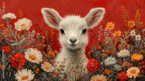 a painting of a baby goat in a field of daisies and wildflowers with a red wall in the background. photo