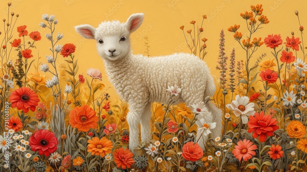 a painting of a lamb standing in a field of flowers and daisies with a yellow wall in the background. a painting of a lamb standing in a field of flowers and daisies with a yellow wall in the background.