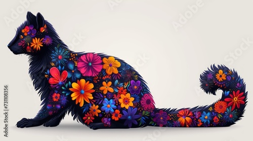 a black cat with colorful flowers painted on it's body is sitting on a white surface with a white background. photo