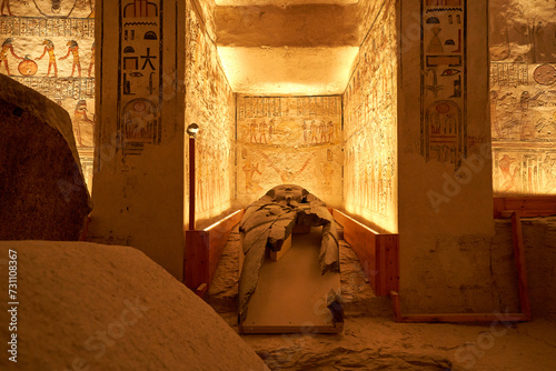 Burial chamber, decorated with the book of earth, inside the famous Ramsses V and VI tomb, named KV9, in the valley of Kings in Luxor in Egypt.  photo