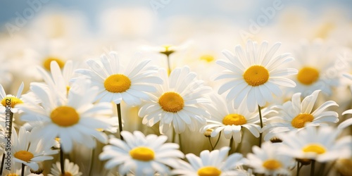 Close-up shot of chamomile flowers, spring floral background. Generative AI