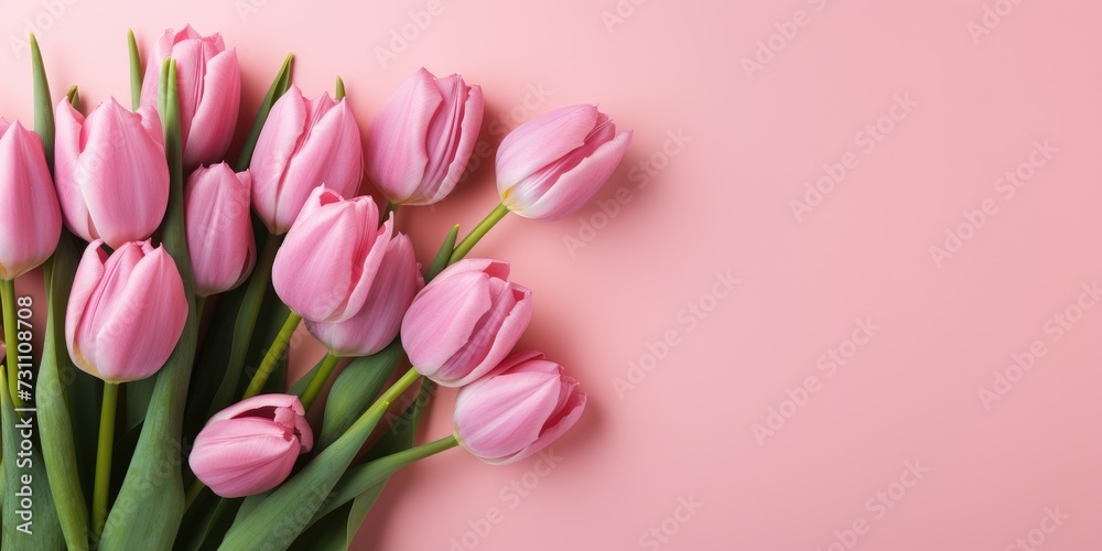Bouquet of pink tulips for the holiday of the eighth of March, pink background, Generative AI