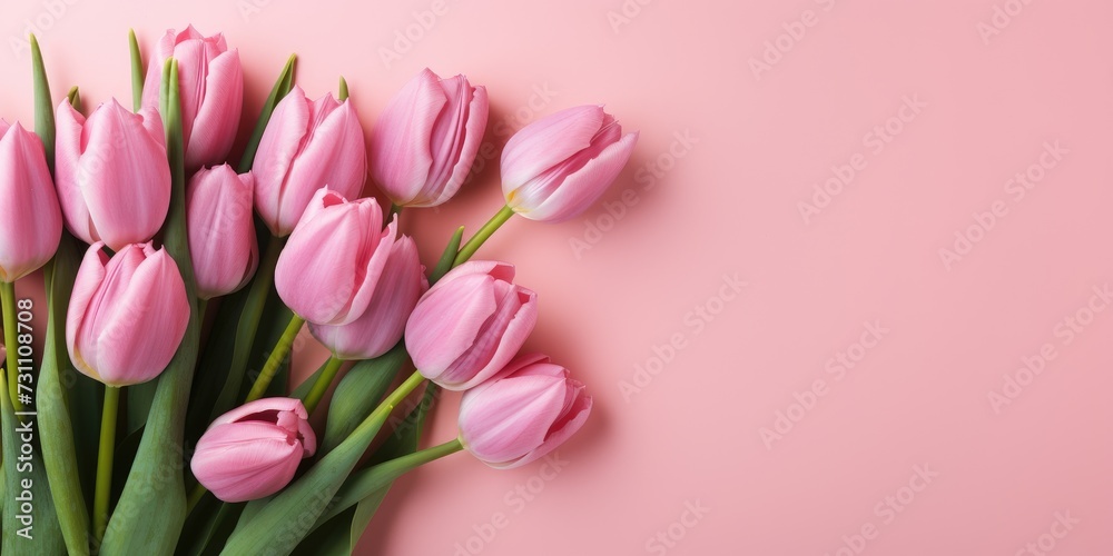 Bouquet of pink tulips for the holiday of the eighth of March, pink background, Generative AI Bouquet of pink tulips for the holiday of the eighth of March, pink background, Generative AI