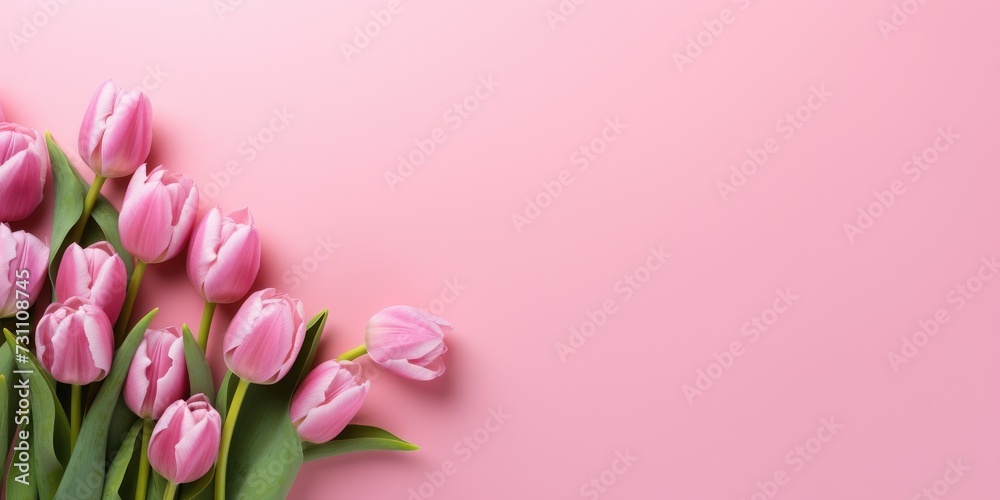 Bouquet of pink tulips on a pink background, top view, space for text. Generative AI