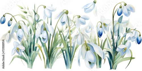 Drawing of snowdrop flowers under the snow. Watercolor, winter flowers. Generative AI
