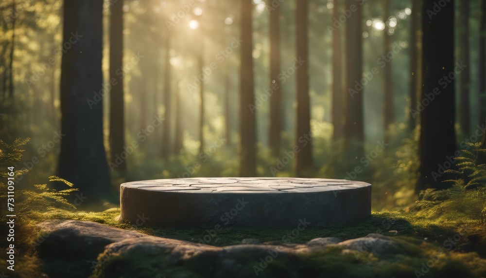 Flat stone podium in the magical forest, empty round stand background Flat stone podium in the magical forest, empty round stand background