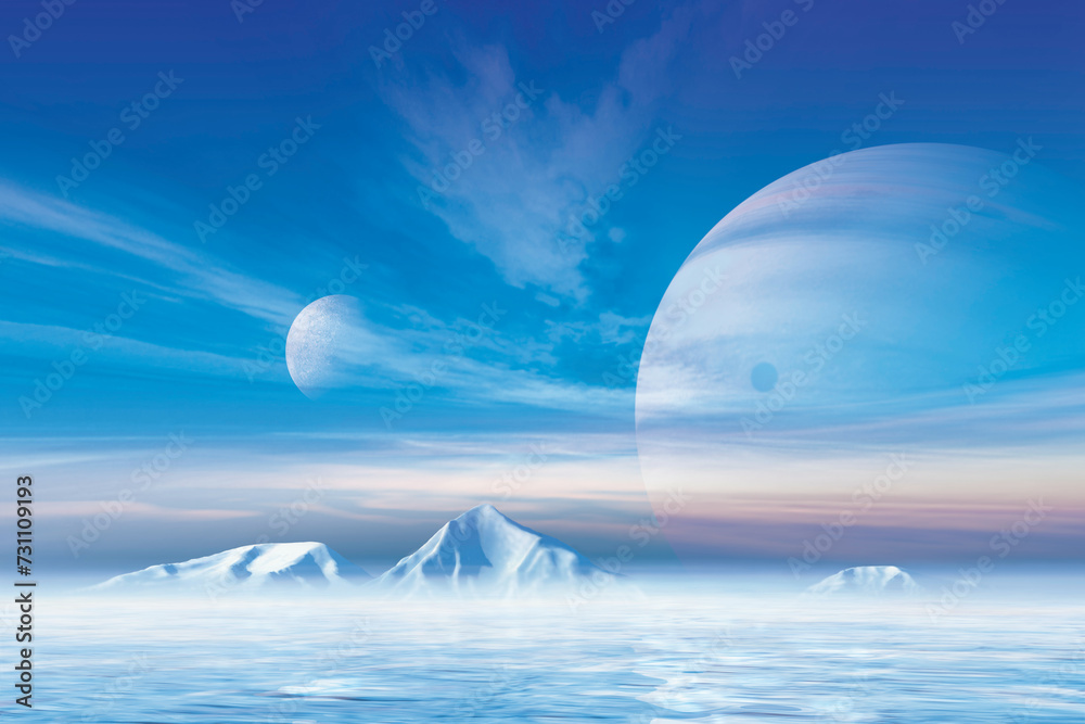 Fototapeta premium EISWELT Eine öde Eislandschaft auf einer Welt, die als Mond einen Gasriesen umkreist. Wäre dort Leben wie wir es kennen möglich?