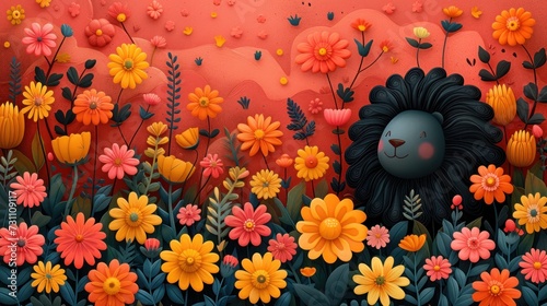 a painting of a lion in a field of flowers with a background of red, orange, and yellow flowers.