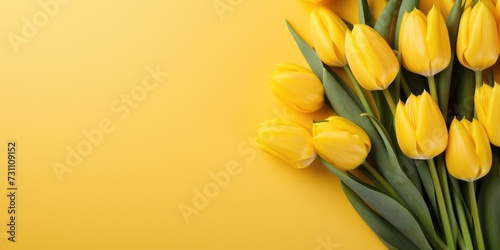 Bouquet of yellow tulips on a yellow background, top view of a floral banner. Generative AI © 22_monkeyzzz