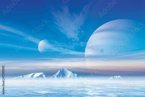 EISWELT Eine öde Eislandschaft auf einer Welt, die als Mond einen Gasriesen umkreist. Wäre dort Leben wie wir es kennen möglich?