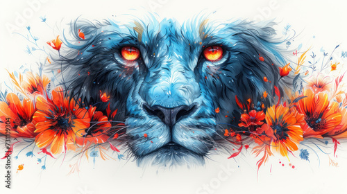 a painting of a lion's face with red and orange flowers around it's neck and a white background. photo