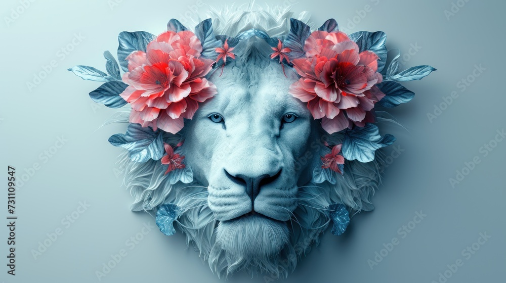 a picture of a lion with flowers on it's head and a lion's head in the middle of the picture. a picture of a lion with flowers on it's head and a lion's head in the middle of the picture.