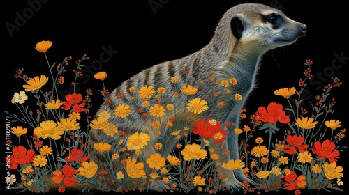 a painting of a meerkat in a field of wildflowers and daisies on a black background. photo