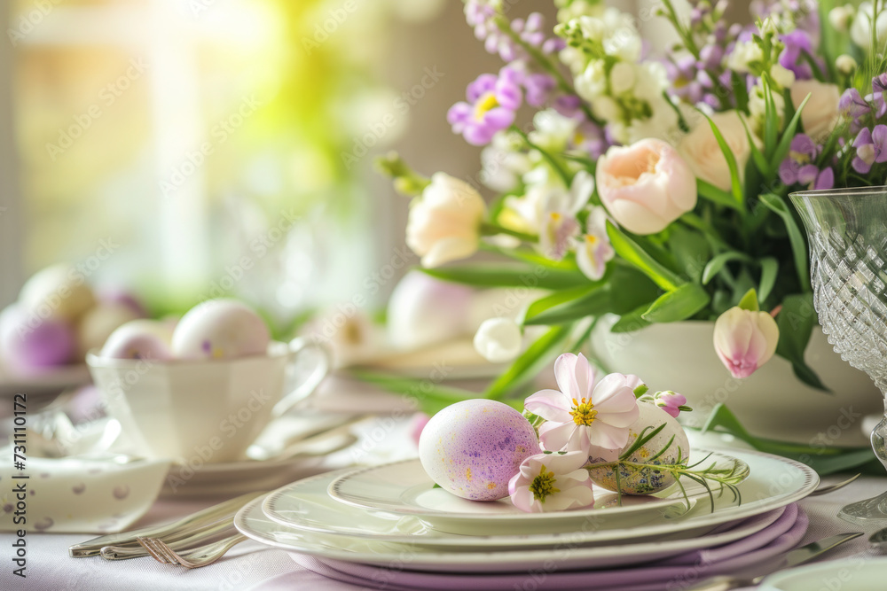 Elegant Easter Table Setting with Pastel Decor, An elegant Easter table setting featuring pastel eggs and a charming spring flower arrangement in soft tones.
