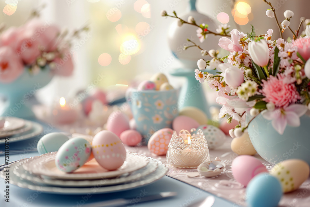 Elegant Easter Table Setting with Pastel Decor, An elegant Easter table setting featuring pastel eggs and a charming spring flower arrangement in soft tones.