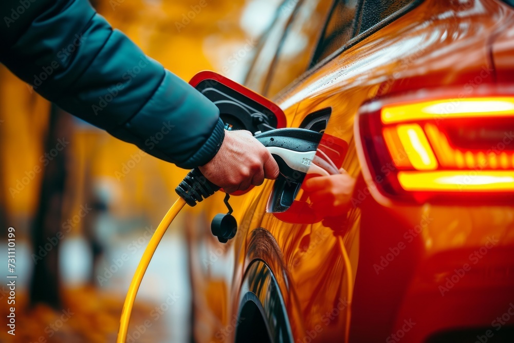 Hand Plugging Charger into Electric Car at Public Station, A close-up of a hand inserting an electric charger into a car's charging port at a public charging station, with a clear focus on the plug. Hand Plugging Charger into Electric Car at Public Station, A close-up of a hand inserting an electric charger into a car's charging port at a public charging station, with a clear focus on the plug.