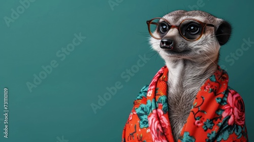 a meerkat wearing glasses is wrapped in a red flowered robe and is looking off to the side. photo