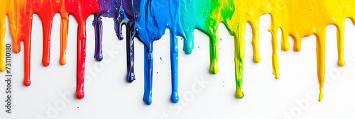 Rainbow colored paint dripping on white background. Banner with colored oil streaks