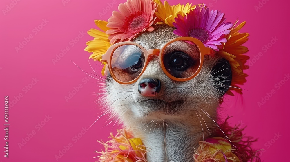a close up of a small animal with flowers on its head and goggles on it's head and a pink background.